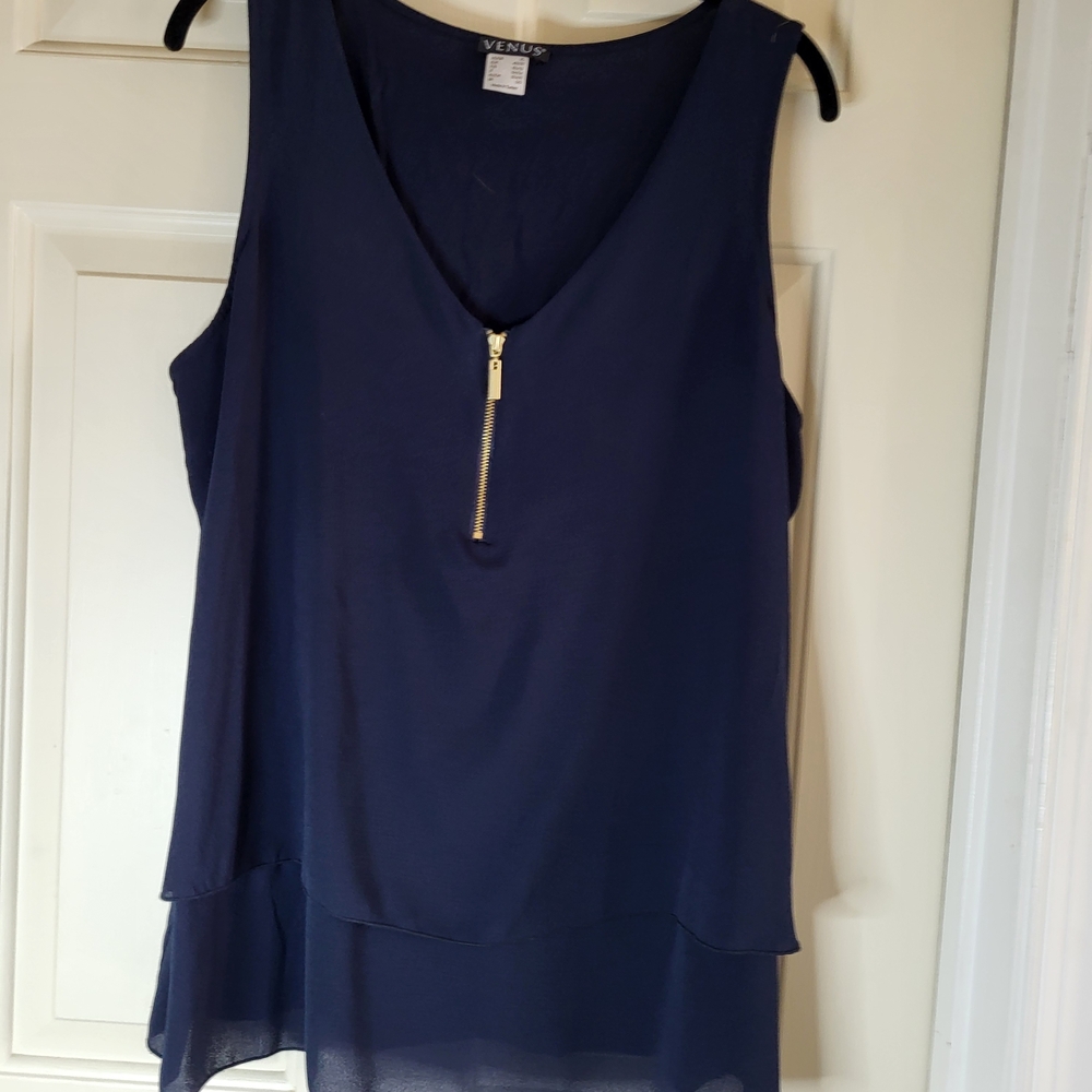 Venus Navy Sleeveless V-Neck Zip-Front Layered Camisole